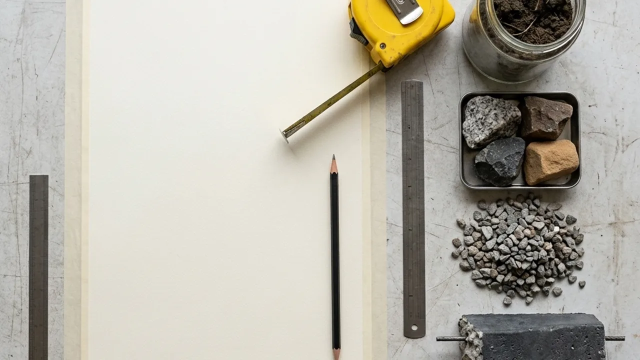 Blank contour sketch, tape measure and retaining wall material samples