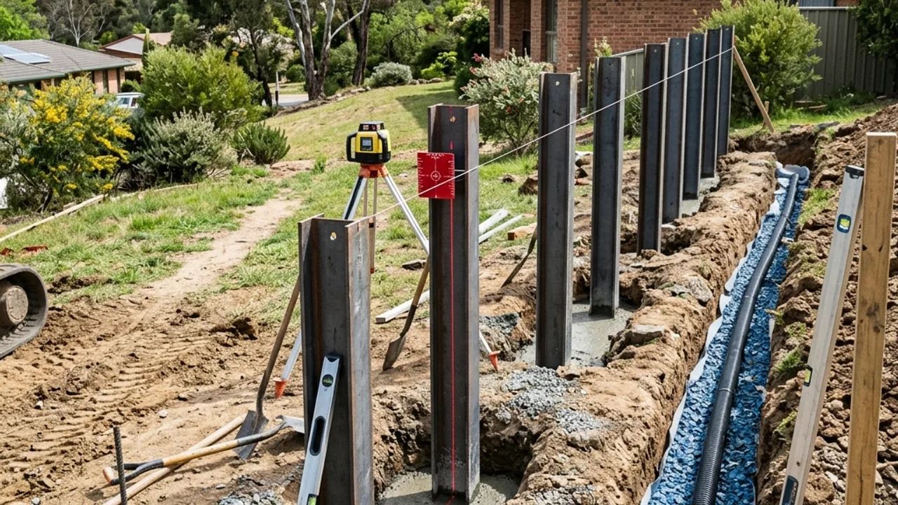 Retaining wall posts aligned beside an open drainage trench