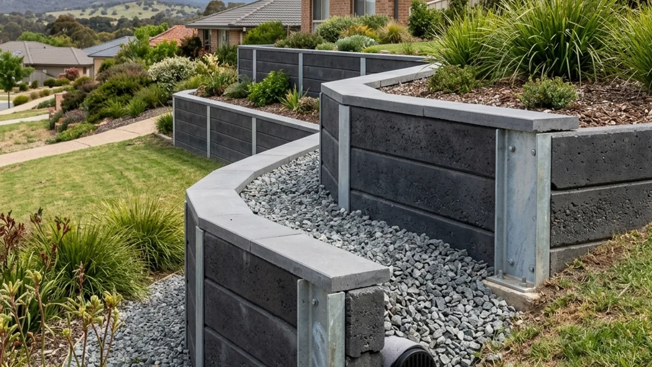 Concrete Sleeper Retaining Walls detail on an Australian residential site