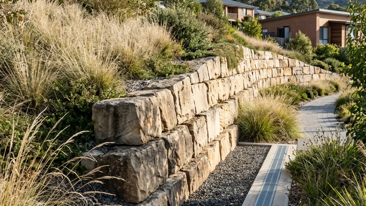 Sandstone & Natural Stone Retaining Walls detail on an Australian residential site