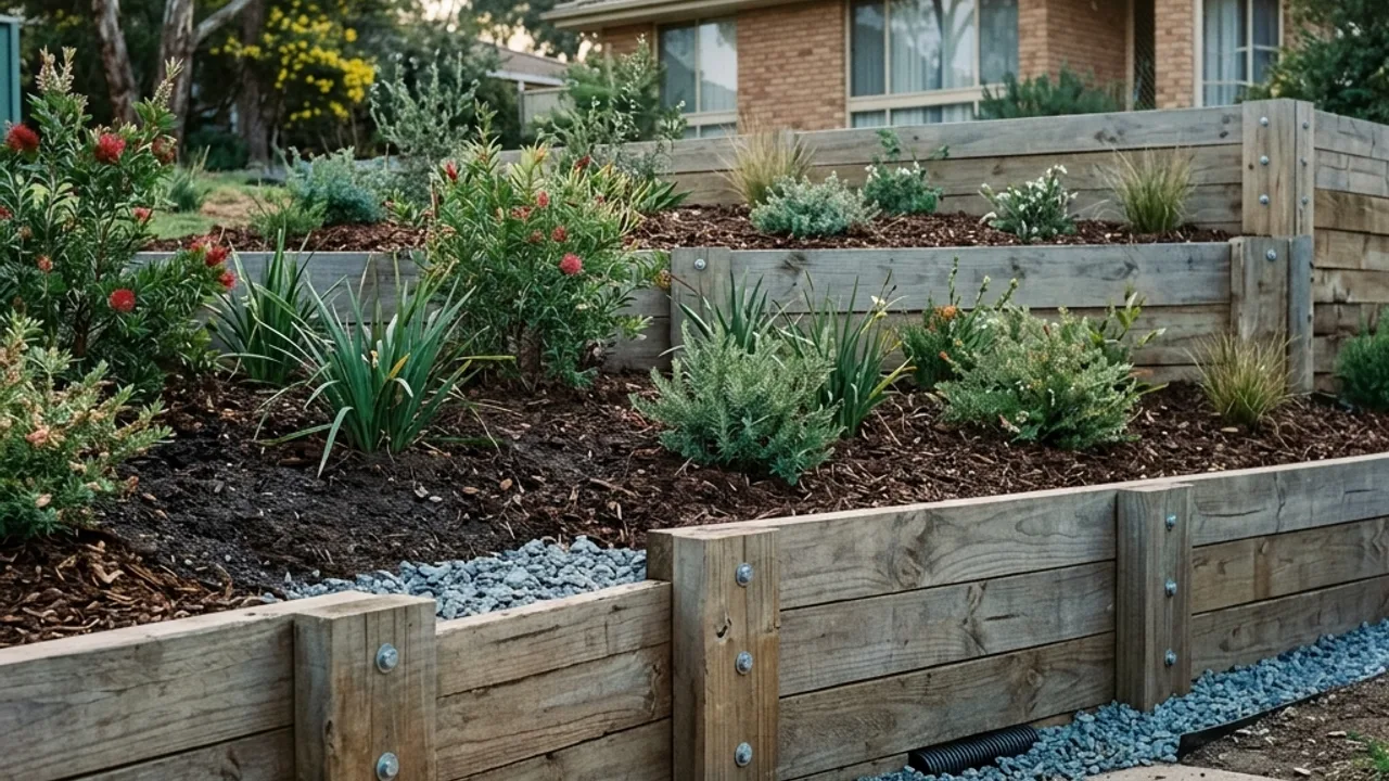 Timber Sleeper & Garden Retaining Walls detail on an Australian residential site